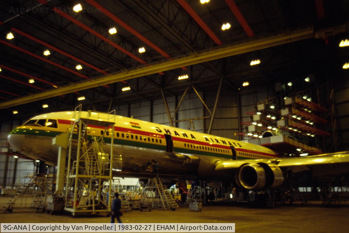 9G-ANA, 1983 McDonnell Douglas DC-10-30 C/N 48286, Ghana Airways McDonnell Douglas DC-10-30 in a KLM hangar at Schiphol-Oost for maintenance, 1983