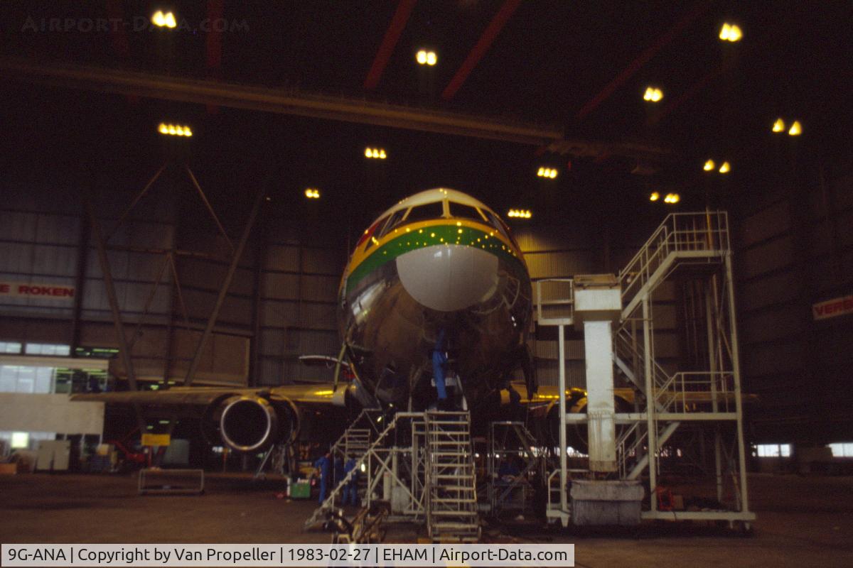 9G-ANA, 1983 McDonnell Douglas DC-10-30 C/N 48286, Ghana Airways McDonnell Douglas DC-10-30 in a KLM hangar at Schiphol-Oost for maintenance, 1983