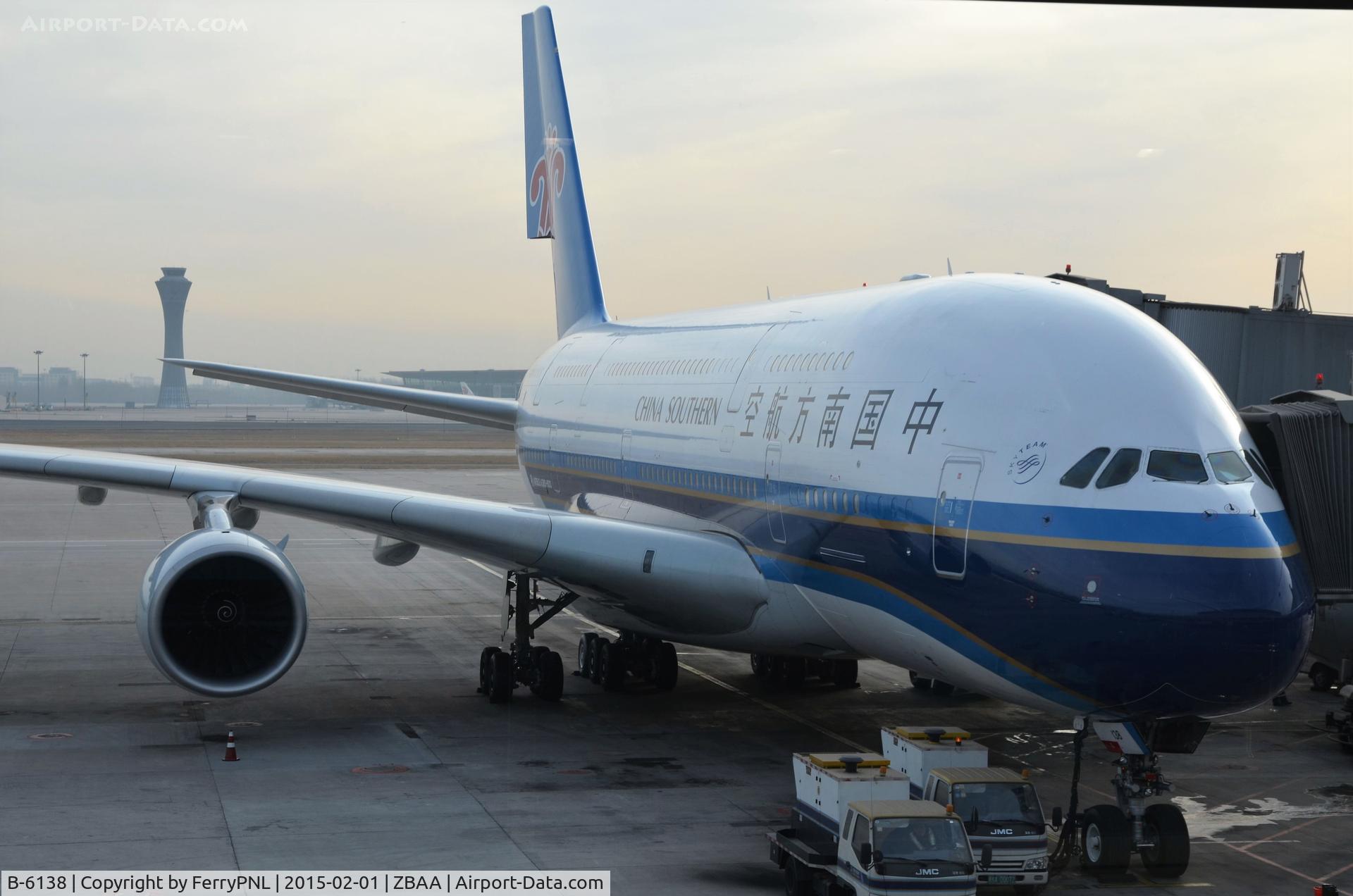 B-6138, 2011 Airbus A380-841 C/N 054, China Southern A388 at the gate for a flight to CAN