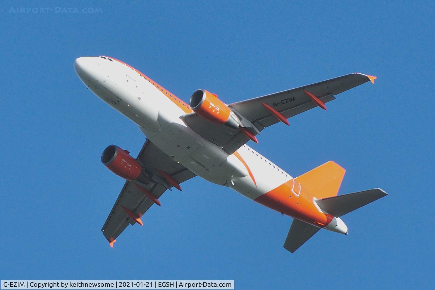 G-EZIM, 2005 Airbus A319-111 C/N 2495, Leaving Norwich following ILS approach on air test.