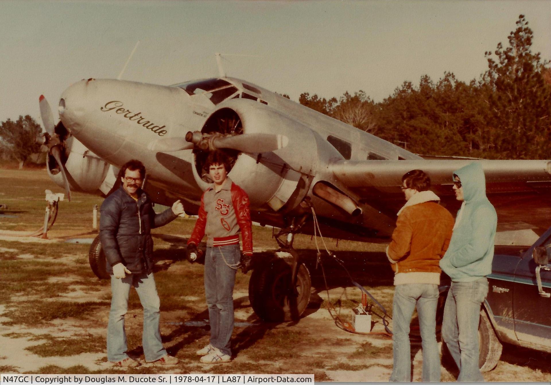 N47GC, 1944 Beech C18S C/N 44-87376, Last owner was my good friend of 43 years Chuck Leonard (RIP). N47GC was a jump aircraft with Greene County Sport Parachute Center in Covington, La. from 1970's to 1986 when she crash landed and was destroyed. I made my first parachute jump from N47GC.