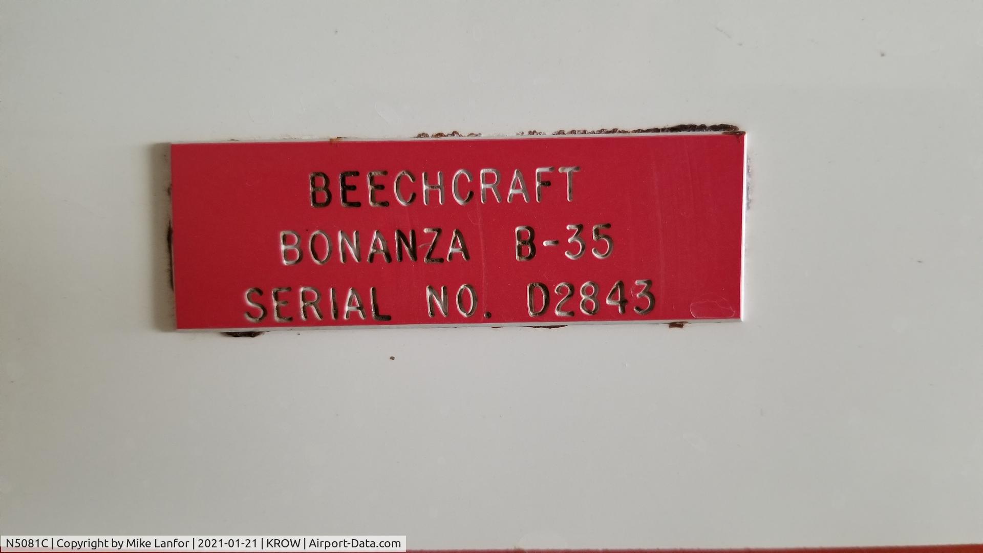 N5081C, 1950 Beech B35 C/N D-2343, Data plate on tail of N5081C.