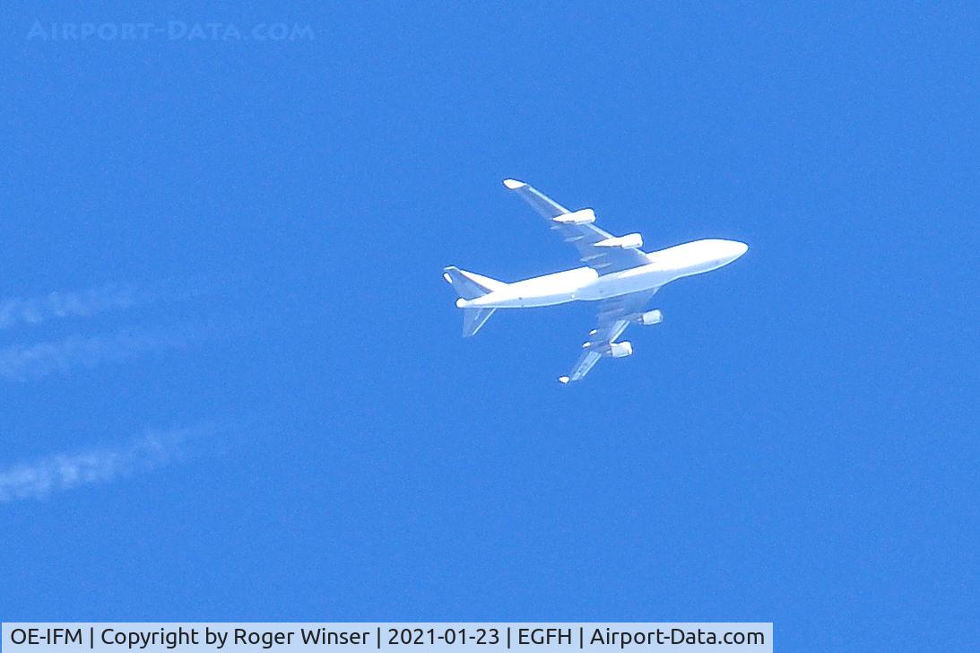 OE-IFM, 2009 Boeing 747-4KZF (SCD) C/N 36785, Operated by ASL Airlines. East bound for Liege at 37000 feet. Seen from near Swansea Airport