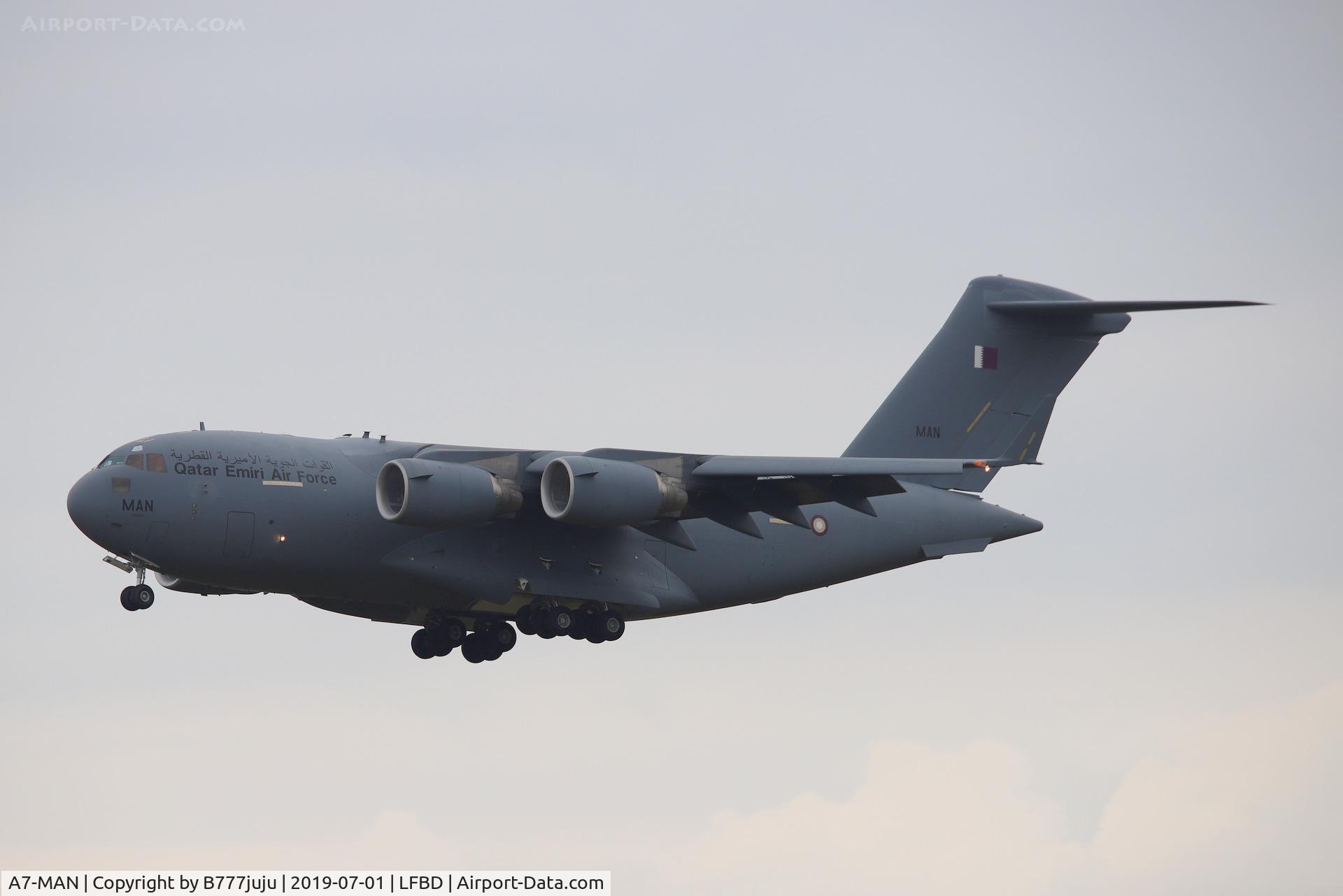 A7-MAN, 2014 Boeing C-17A Globemaster III C/N F-275, at Boreaux for Rafale ferry flight
