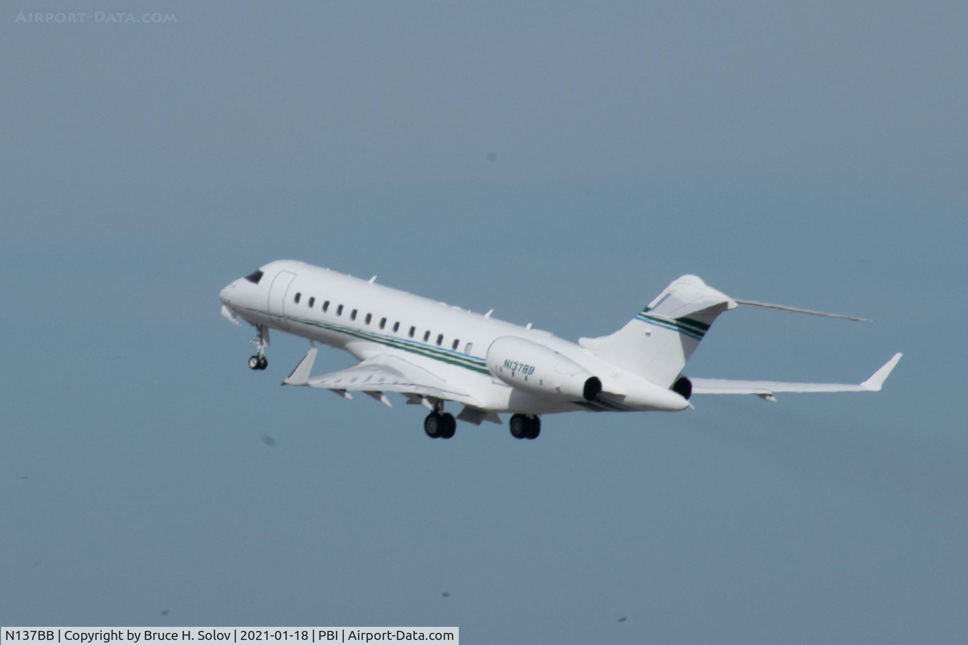 N137BB, 2005 Bombardier BD-700-1A10 C/N 9181, taking off from PBI