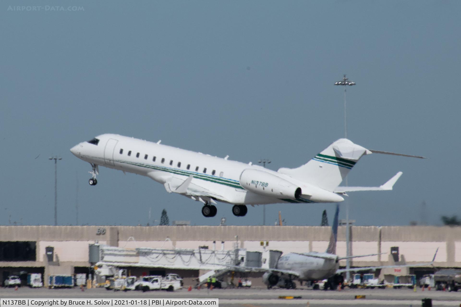 N137BB, 2005 Bombardier BD-700-1A10 C/N 9181, taking off from PBI