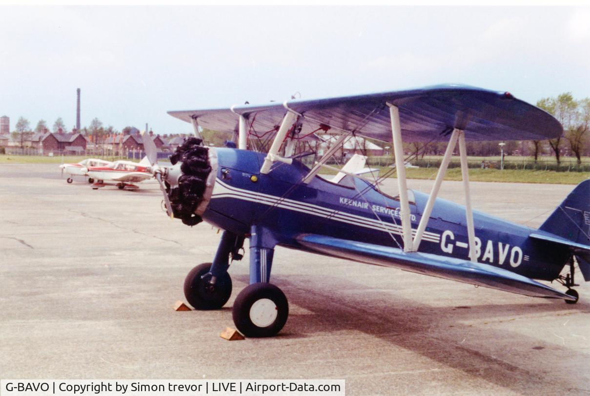 G-BAVO, 1945 Boeing PT-17 Kaydet (A75N1) C/N 3250-1405, G-BAVO A 75N Boeing Stearman operated by Jim Keen of Keenair Services Ltd. outside Hanger 4 and Liverpool Flying school offices at Liverpool International Airport, Speke Road, Liverpool UK  in early 1973 having just been imported from Israel
