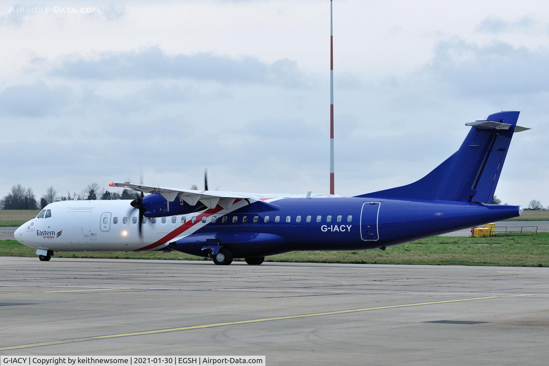 G-IACY, 2017 ATR 72-212 C/N 1448, Leaving Norwich for Durham Tees Valley Airport.
