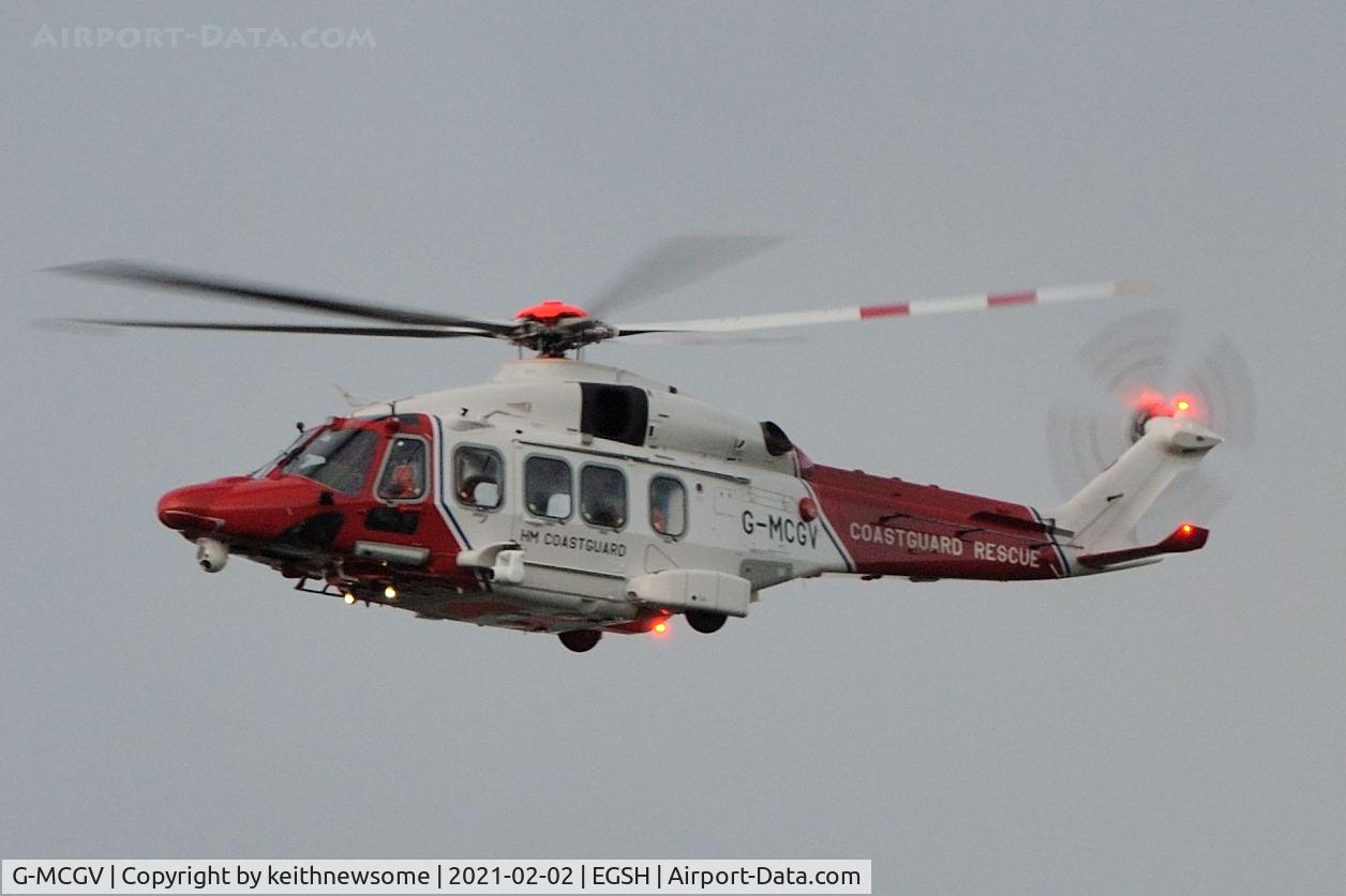 G-MCGV, 2014 Leonardo AW189 C/N 92008, Leaving Norwich as 'Rescue 163A'.