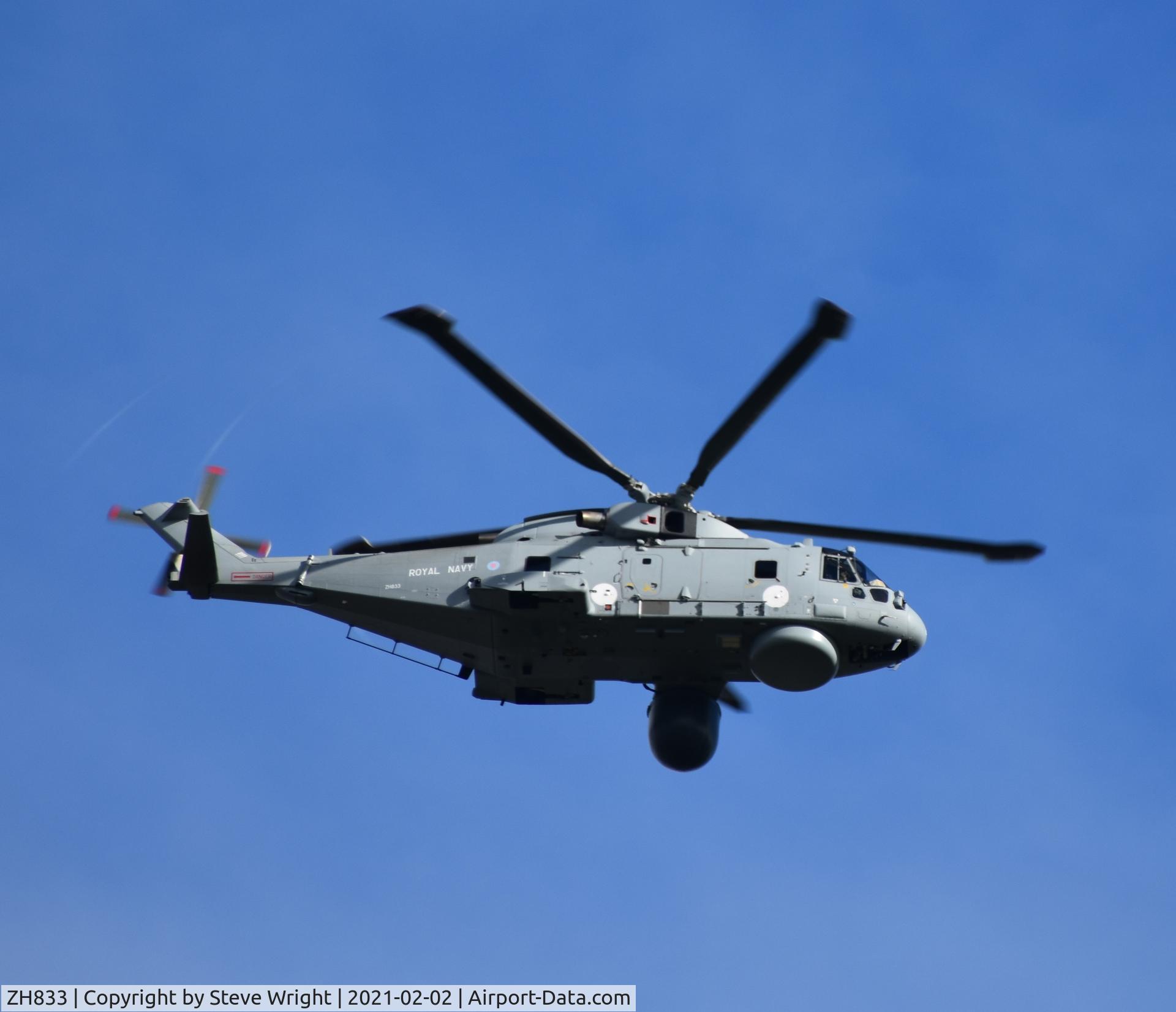 ZH833, 1999 AgustaWestland EH-101 Merlin HM2 C/N 50061/RN13, Seen flying around Somerset on 04/02/2021 now with AEW Radome fitted