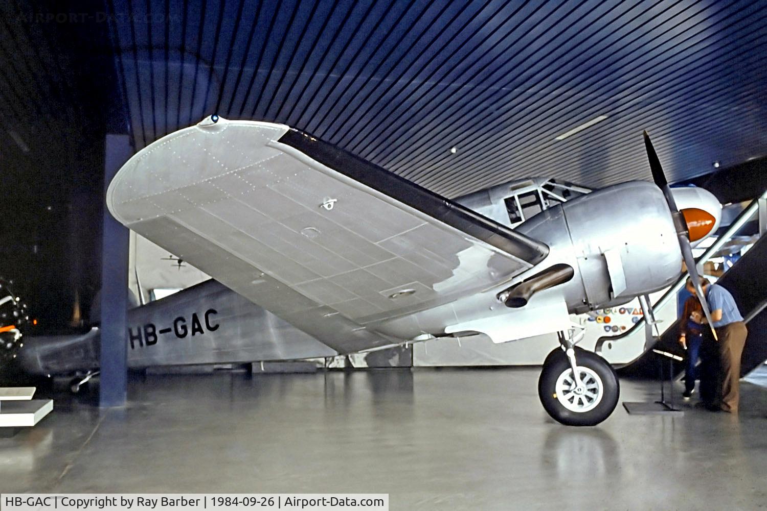 HB-GAC, 1944 Beech C-45 Expeditor C/N 8362, HB-GAC   Beech G18S [8362] (Swiss Museum of Transport) Lucerne~HB 26/09/1984. Missing part of tail allowing it to be placed behind the pole. Since been restored and now hanging from the roof.