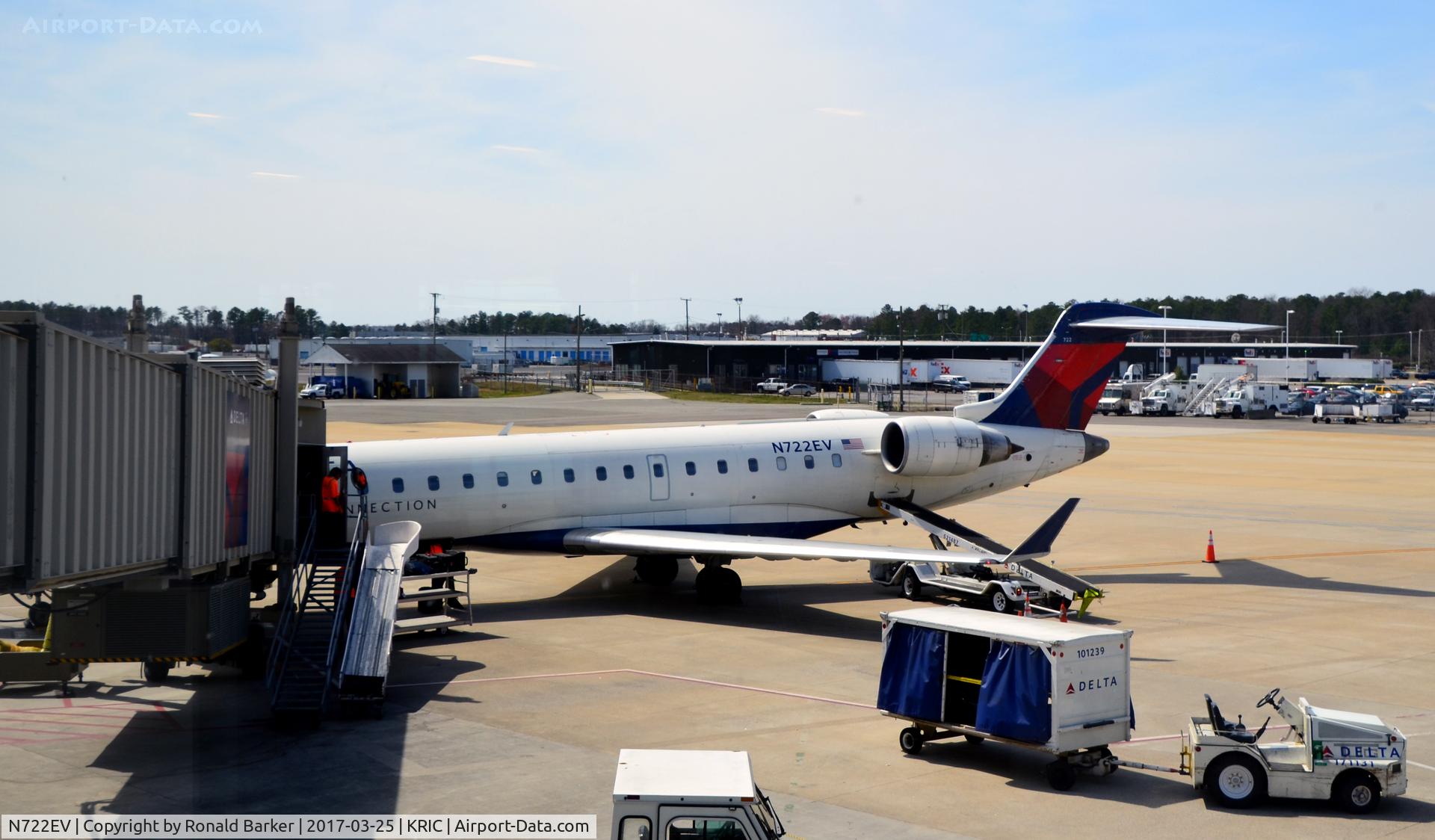 N722EV, 2003 Bombardier CRJ-701 (CL-600-2C10) Regional Jet C/N 10127, At the gate Richmond