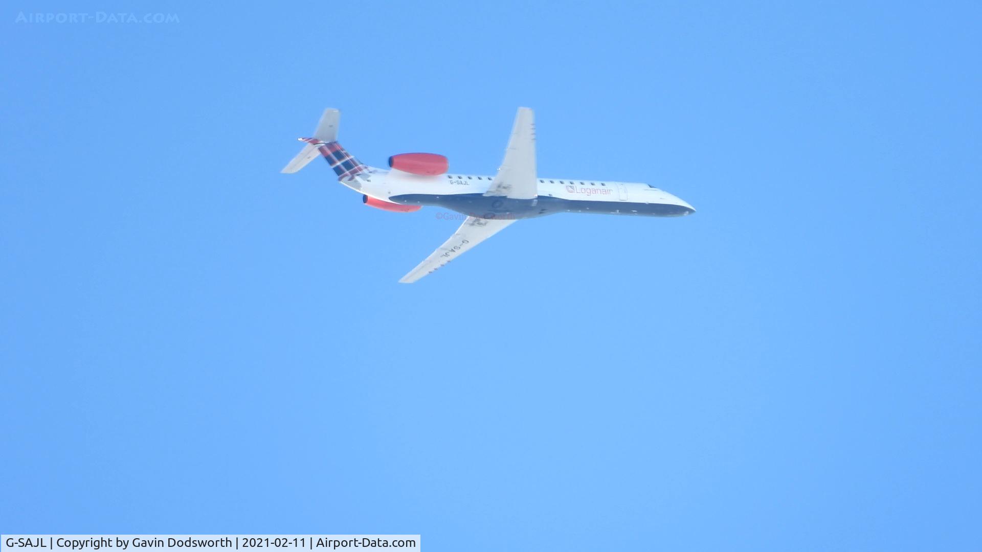 G-SAJL, 1999 Embraer EMB-145EP (ERJ-145EP) C/N 145136, Over Darlington on Thursday 11th February 2021 operating from Teesside Airport to Aberdeen.