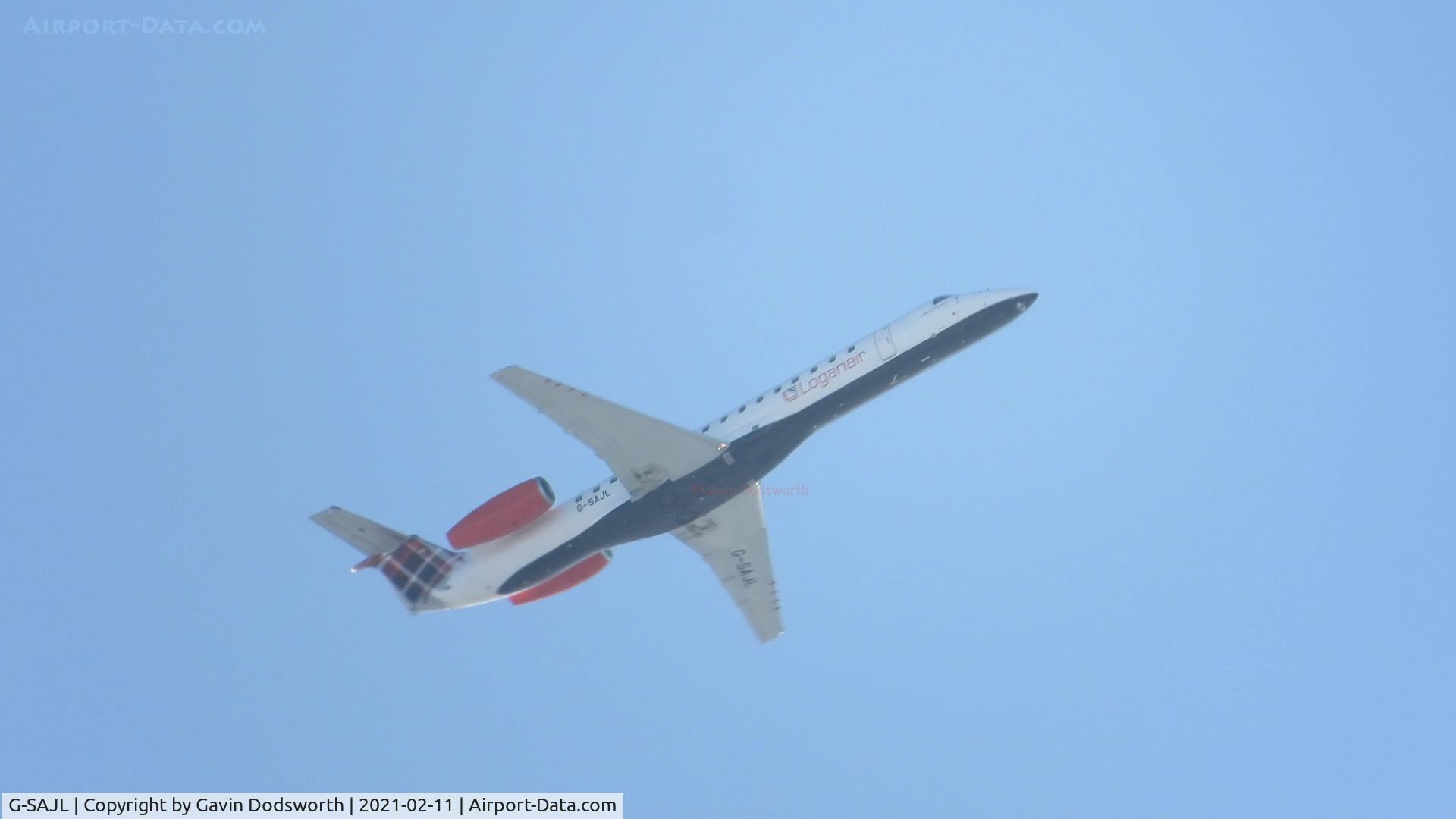 G-SAJL, 1999 Embraer EMB-145EP (ERJ-145EP) C/N 145136, Over Darlington on Thursday 11th February 2021 operating from Teesside Airport to Aberdeen.