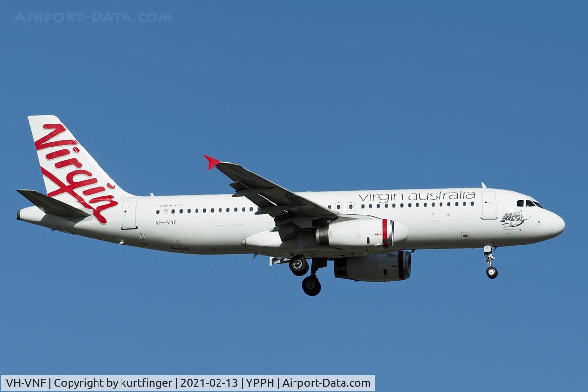VH-VNF, 2007 Airbus A320-232 C/N 3332, Airbus A320-232 cn3332. Virgin Australia Regional VH-VNF name Ningaloo Reef final rwy 21 YPPH 13 February 2021. With Virgin Australia Regional since November 2019.