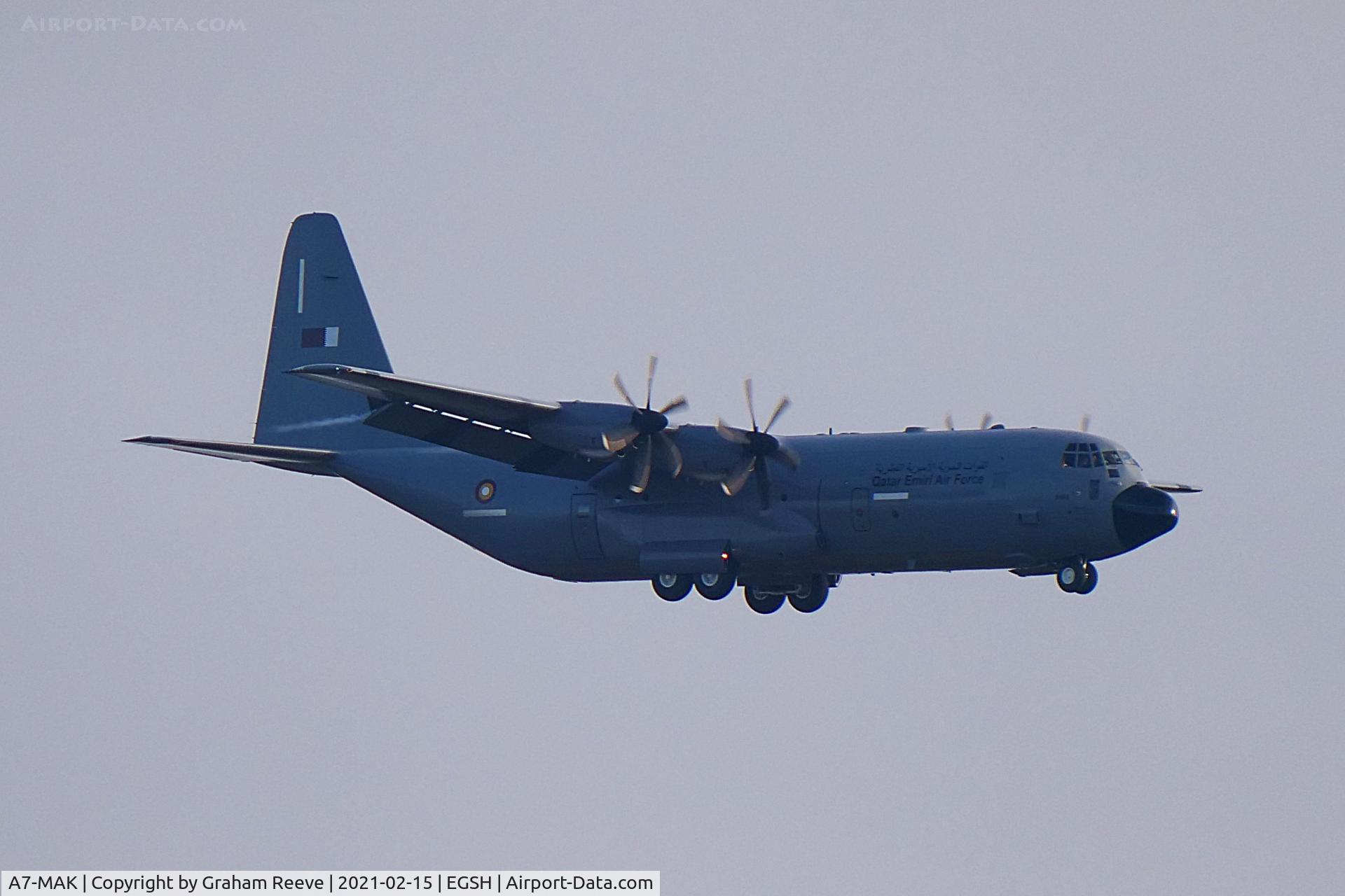 A7-MAK, 2011 Lockheed Martin C-130J-30 Super Hercules C/N 382-5669, On approach to Norwich.