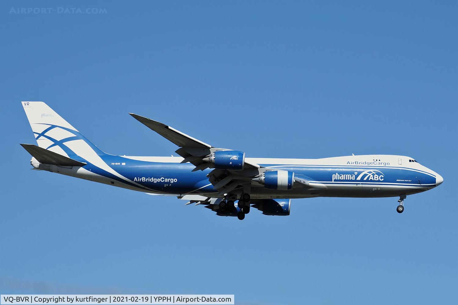 VQ-BVR, 2014 Boeing 747-867F/SCD C/N 60687, Boeing 747-8F cn 60687 Ln 1505. Airbridge Cargo VQ-BVR final rwy 21 YPPH 19 February 2021.