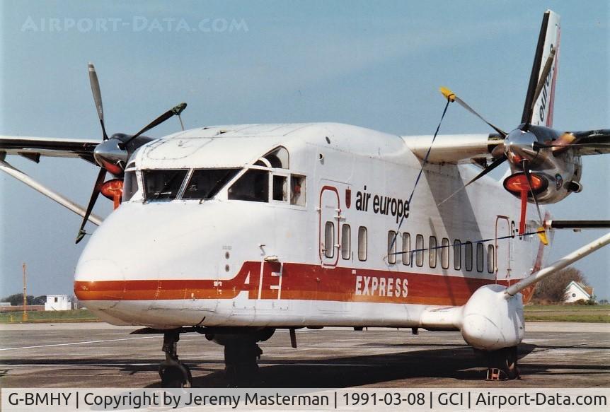 G-BMHY, 1985 Short 360-100 C/N SH.3687, Air Europe Express colours & titles with the Guernsey crest ahead of the titles.