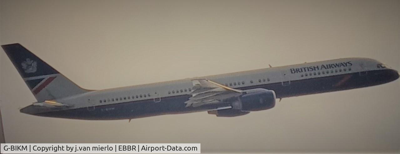 G-BIKM, 1984 Boeing 757-236 C/N 22184, Climbing out of Brussels '90s scan from slide