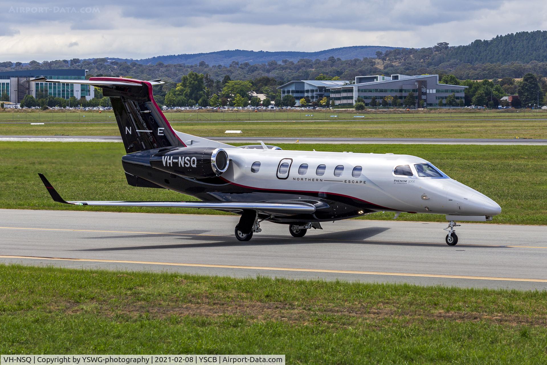 VH-NSQ, 2018 Embraer EMB-505 Phenom 300 C/N 50500453, Northern Escape (VH-NSQ) Embraer Phenom 300E taxiing at Canberra Airport.