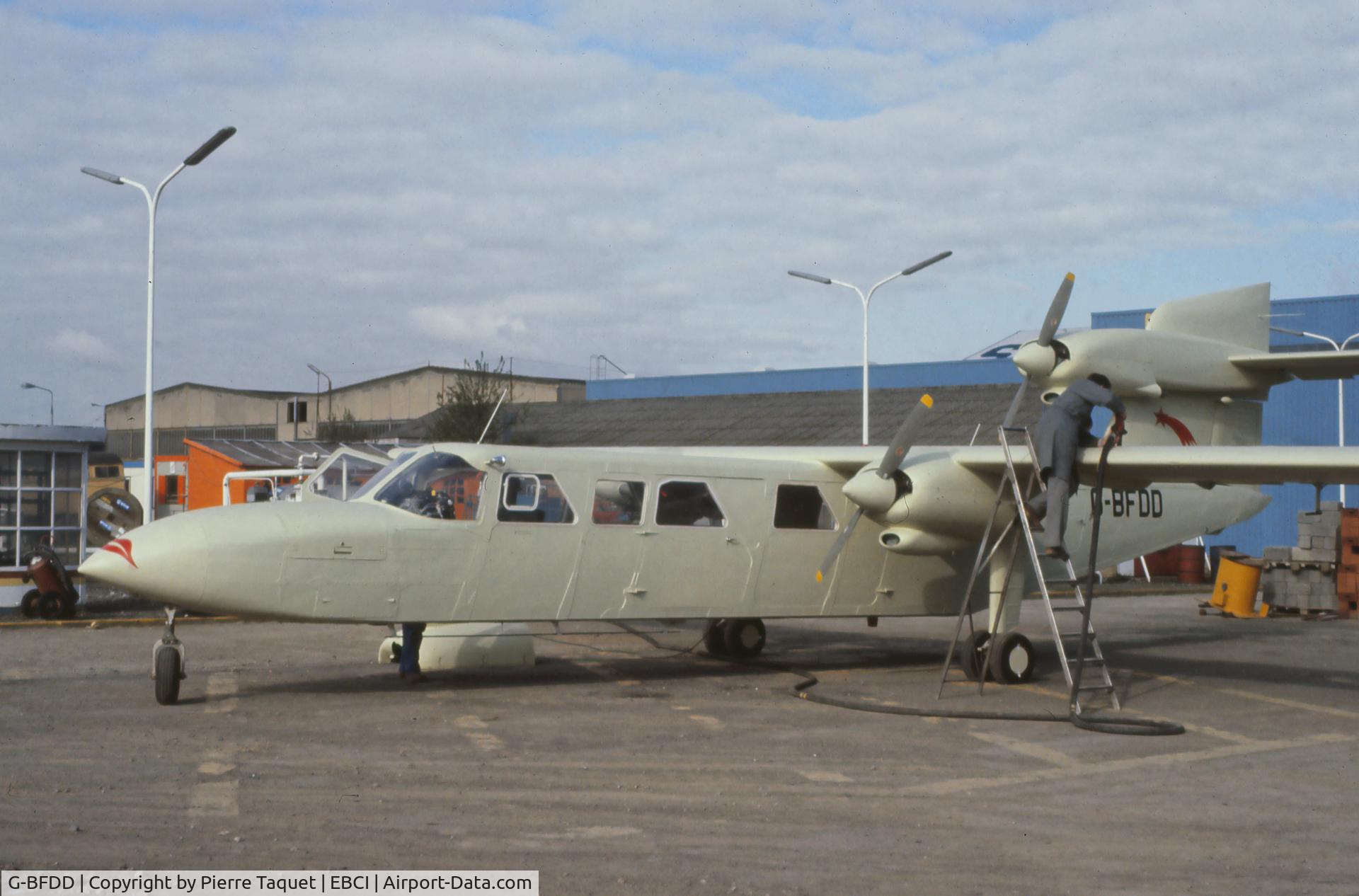 G-BFDD, 1980 Britten-Norman BN-2A Mk.III-2 Trislander C/N 1061, Picture taken in 1980 at SONACA Gosselies (Brussels South Airport) shortly before delivery to Bembridge for finalization, with special decoration as this was the 