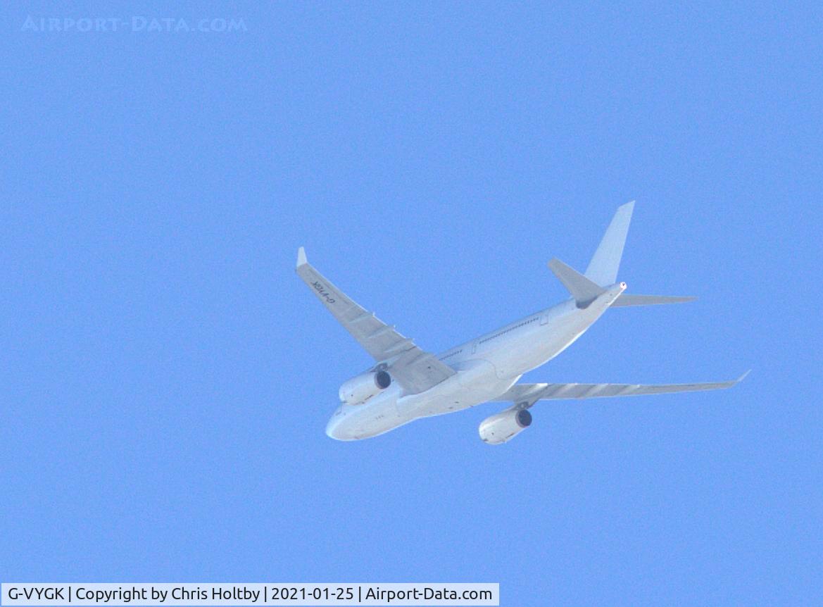 G-VYGK, 2014 Airbus A330-243 C/N 1498, Over Potters Bar, Herts. Operated now by Airtanker Services out of RAF Brize Norton mainly as a mid-air refueller for the RAF.