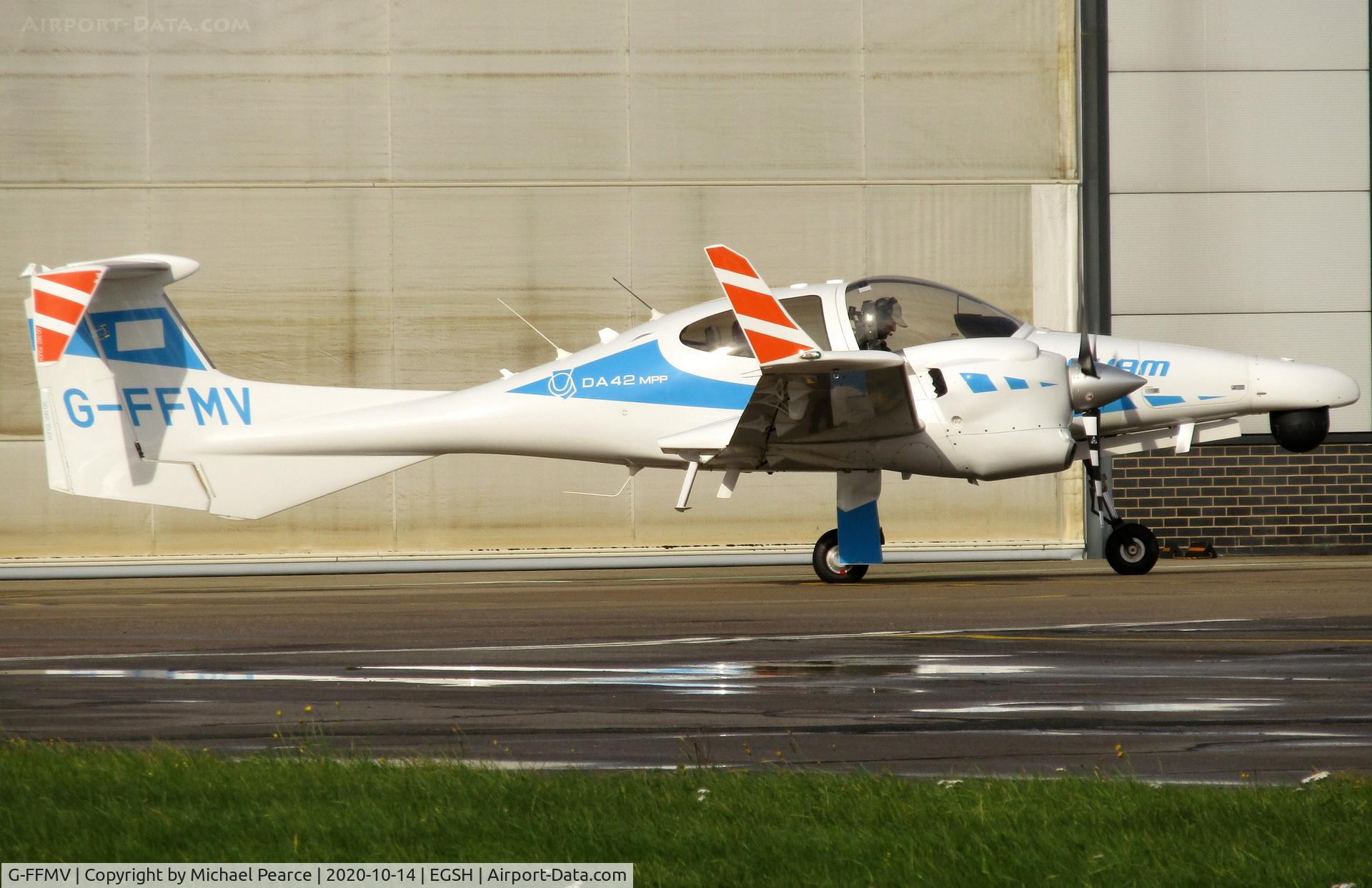 G-FFMV, 2013 Diamond DA-42NG Twin Star C/N 42.MN029, Departing SaxonAir to the Stanta Training Area after refuel.