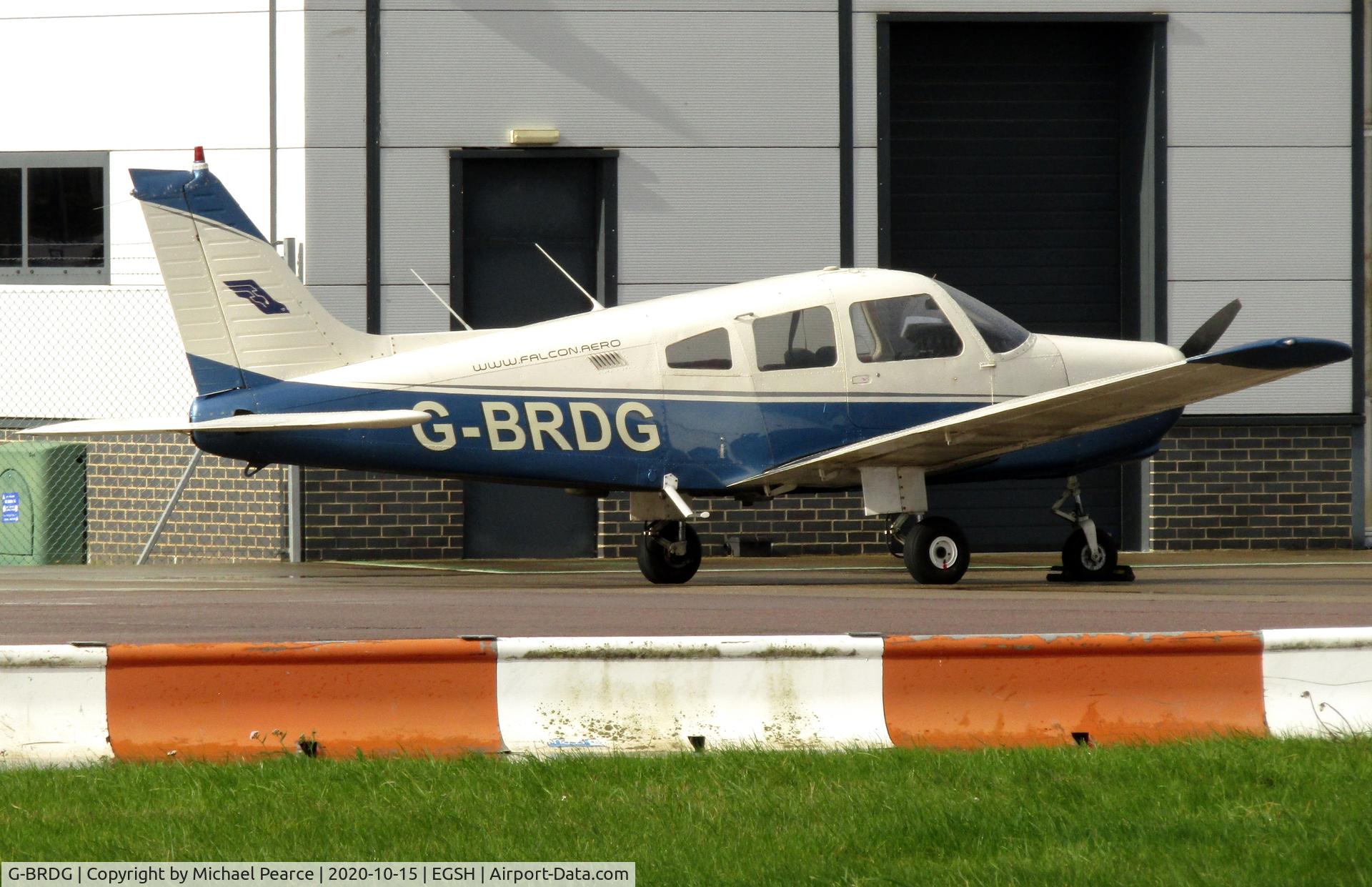 G-BRDG, 1977 Piper PA-28-161 Cherokee Warrior II C/N 28-7816047, Parked at SaxonAir on a visit from Biggin Hill (BQH).