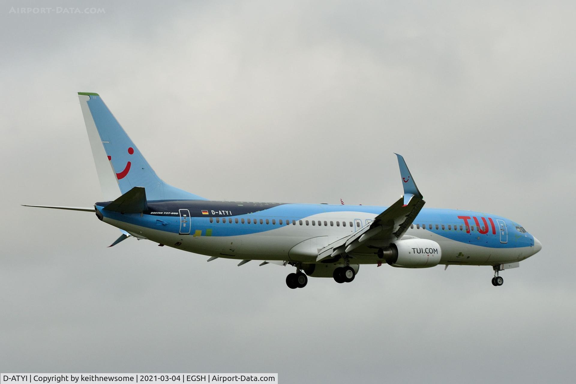 D-ATYI, 2011 Boeing 737-8K5 C/N 37254, Arriving at Norwich from Hannover for much needed paintwork.