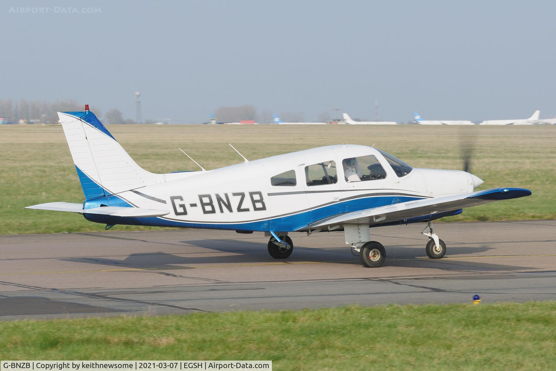 G-BNZB, 1979 Piper PA-28-161 Cherokee Warrior II C/N 28-7916521, Leaving Norwich.