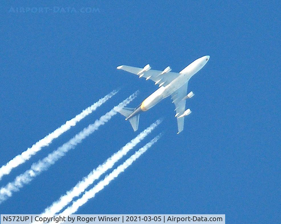 N572UP, 2007 Boeing 747-44AF C/N 35669, Off airport. United Parcel Service's B747 cargo aircraft eastbound at 37000 feet over Swansea, Wales, UK.