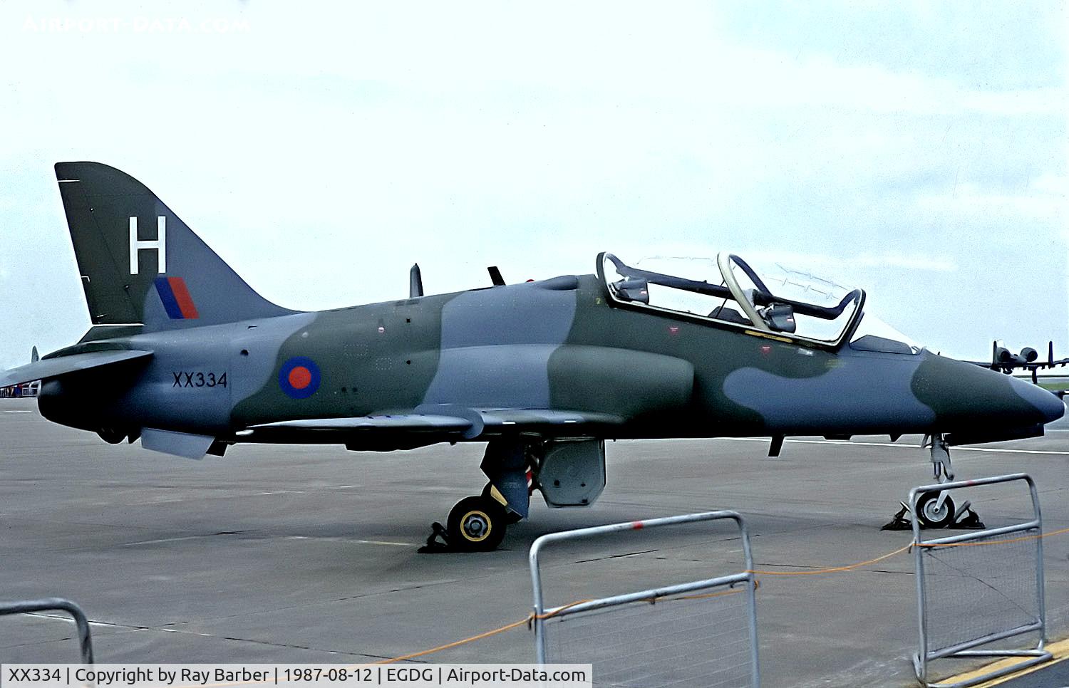 XX334, 1980 Hawker Siddeley Hawk T.1A C/N 182/312158, XX334   Hawker Siddeley Hawk T.1A [312158] (Royal Air Force) RAF St Mawgan / Newquay~G @ 12/08/1987
