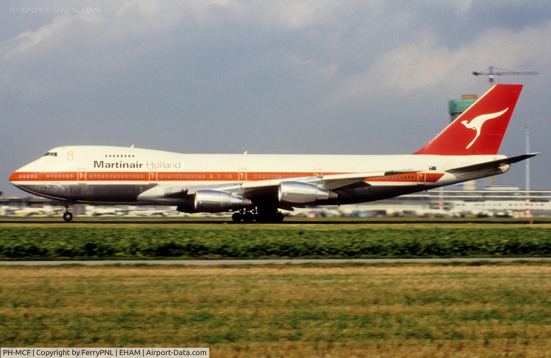 PH-MCF, 1988 Boeing 747-21AC C/N 24134, Martinair B742 taking-off with Qantas logo on tail.