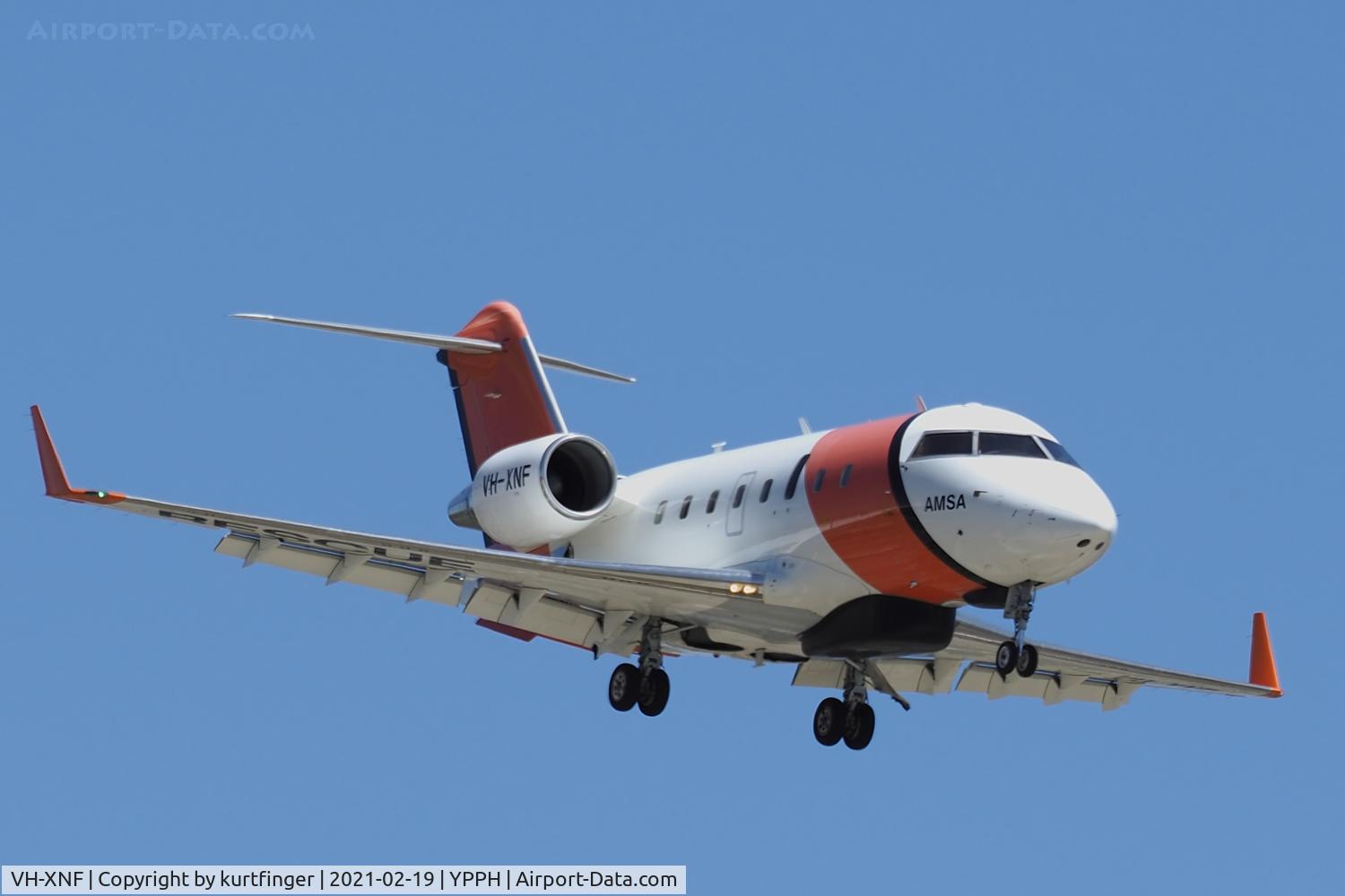 VH-XNF, 2006 Bombardier Challenger 604 (CL-600-2B16) C/N 5656, Bombardier CL-600-2Ba6 Challenger 604 cn 5656. AMSA Cobham SAR Services VH-XNF final runway 21 YPPH 23 January 2021