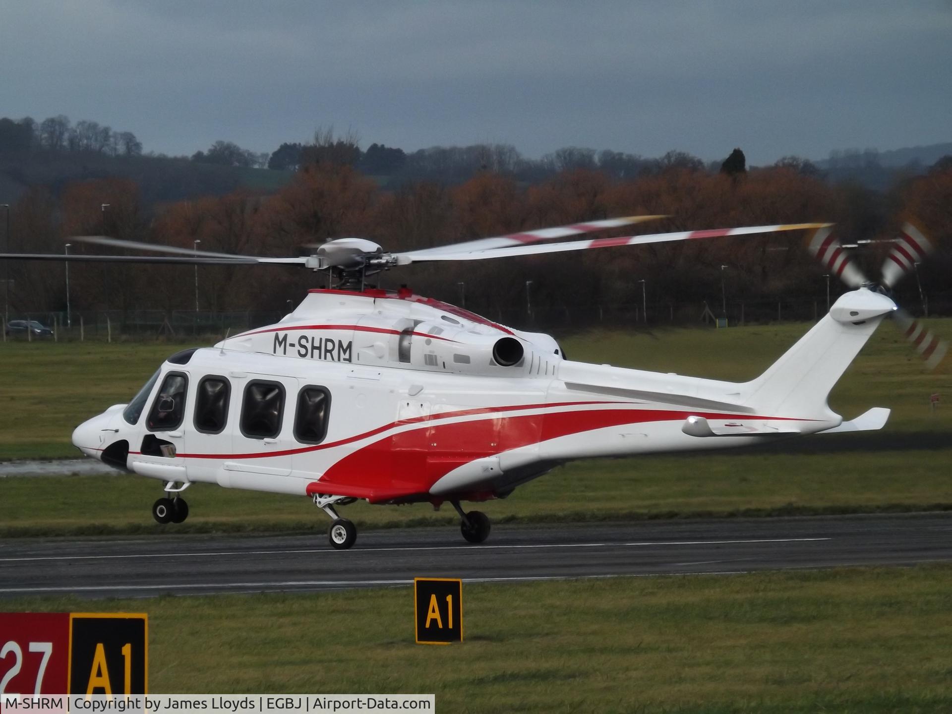 M-SHRM, AgustaWestland AW 139 C/N 31716, Touching down on Runway 27 at Gloucestershire Airport.