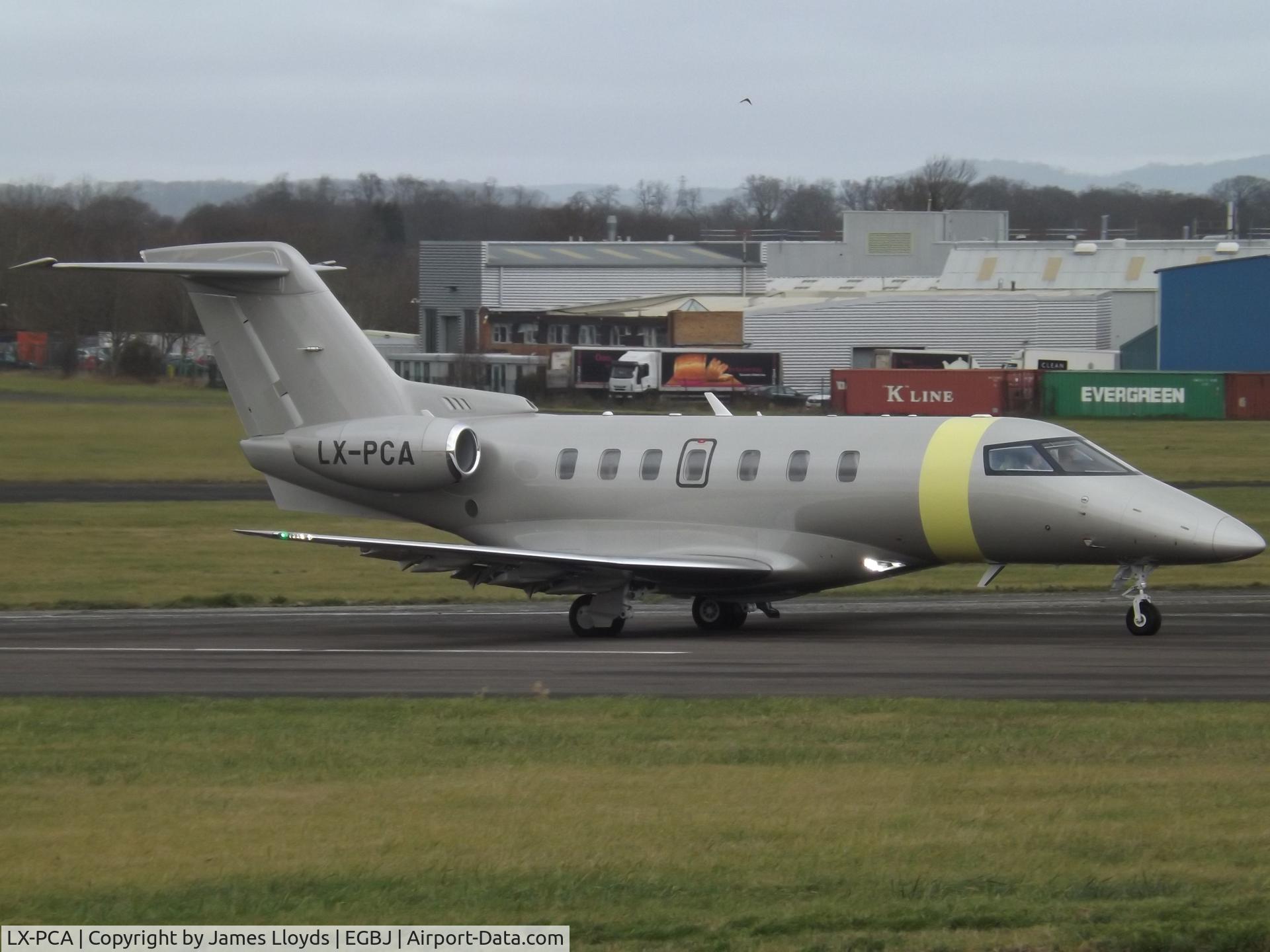 LX-PCA, 2018 Pilatus PC-24 C/N 111, Back Tracking Runway 27 at Gloucestershire Airport.