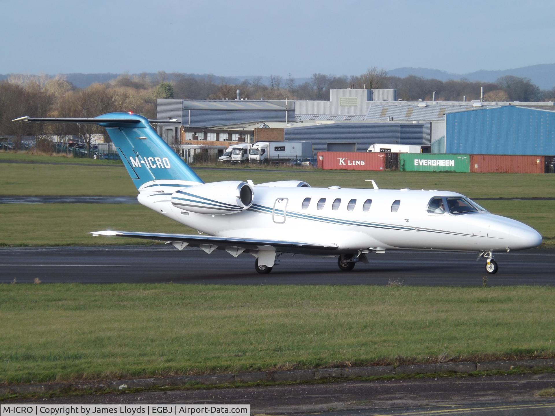 M-ICRO, 2017 Cessna 525C CitationJet CJ4 C/N 525C-0257, Back tracking Runway 27 at Gloucestershire Airport.