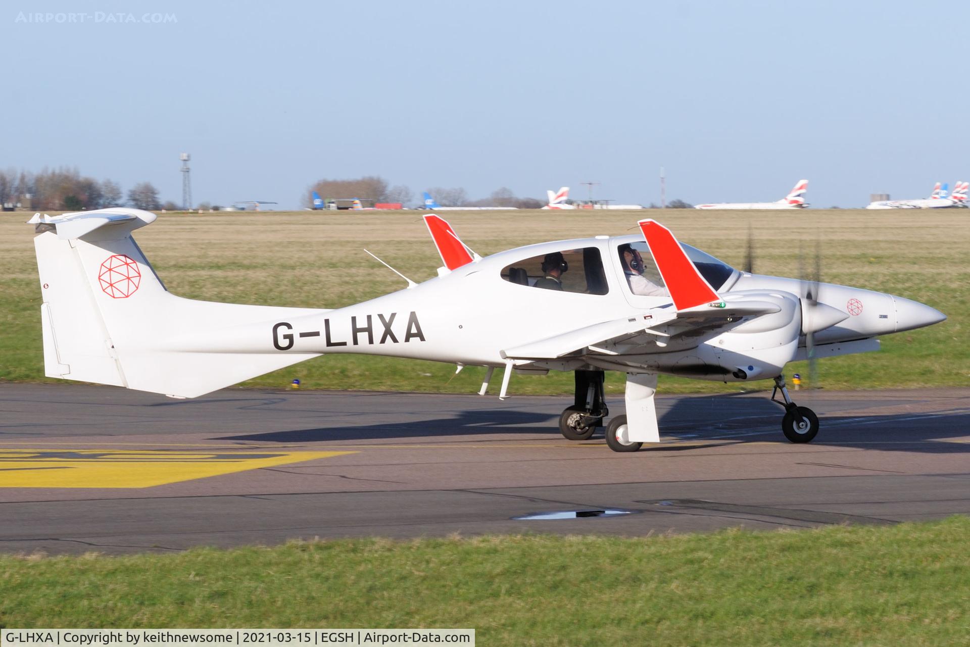 G-LHXA, 2019 Diamond DA-42 NG Twin Star C/N 42.N251, Leaving Norwich.