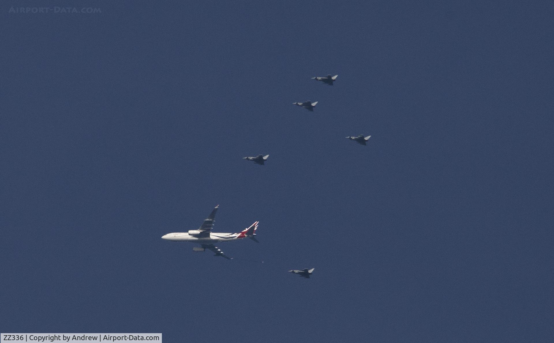 ZZ336, 2012 Airbus KC3 Voyager (A330-243MRTT) C/N 1363, ZZ336 Just of the Isle of Man doing AAR in AARA13 with 5 Typhoons
