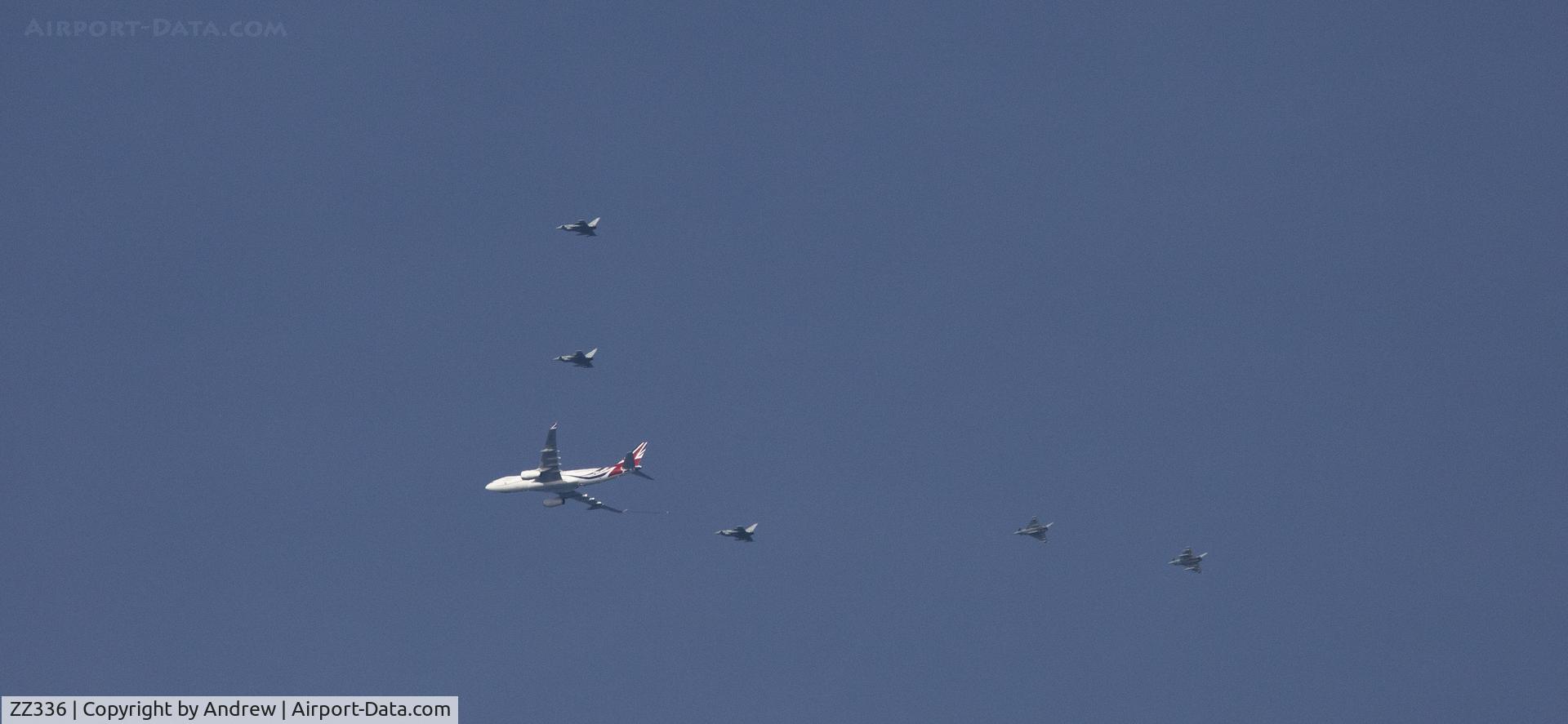 ZZ336, 2012 Airbus KC3 Voyager (A330-243MRTT) C/N 1363, ZZ336 Just of the Isle of Man doing AAR in AARA13 with 5 Typhoons 2 of which are breaking off to RTB