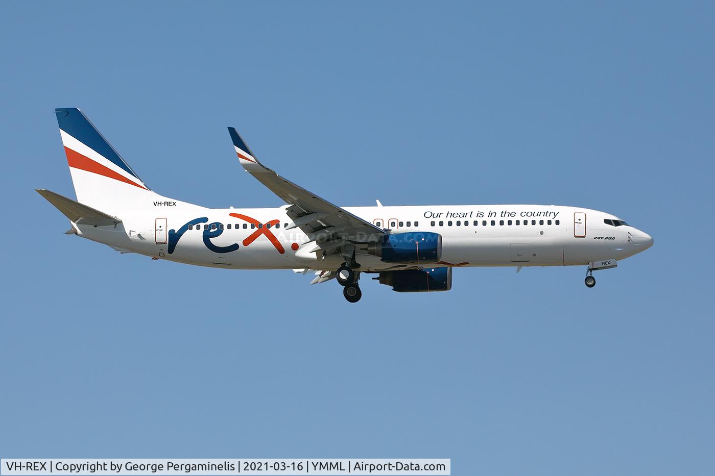 VH-REX, 2010 Boeing 737-8FE C/N 36609, On short final, runway 16.