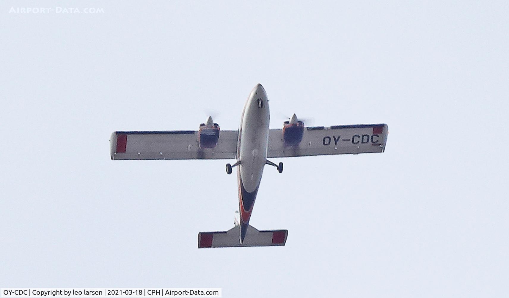 OY-CDC, 1980 Partenavia P-68C C/N 211, overflying Copenhagen Airport 18.3.2021