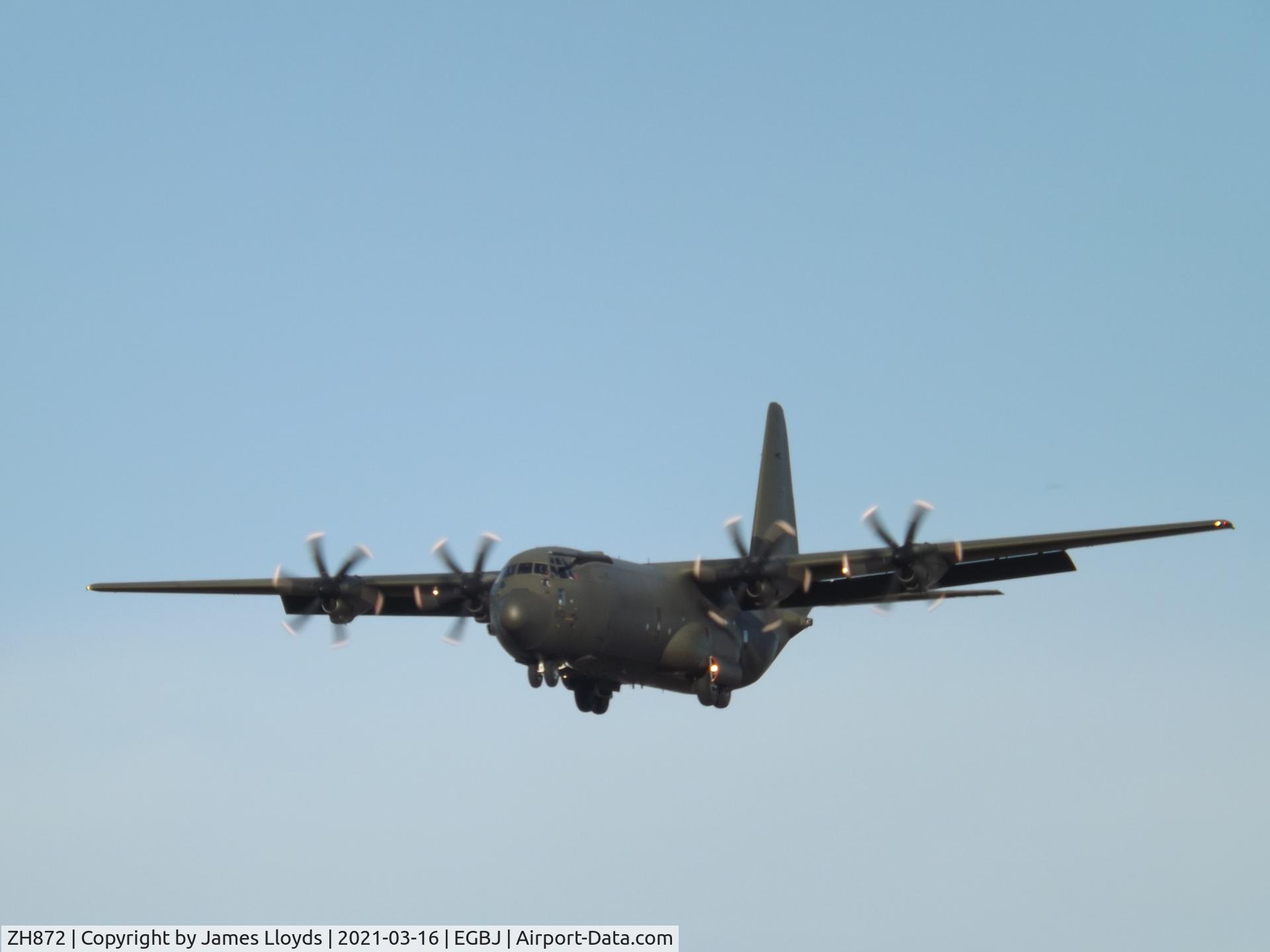 ZH872, 1997 Lockheed Martin C-130J-30 Hercules C.4 C/N 382-5456, About to do an go around Runway 27 at Gloucestershire Airport.