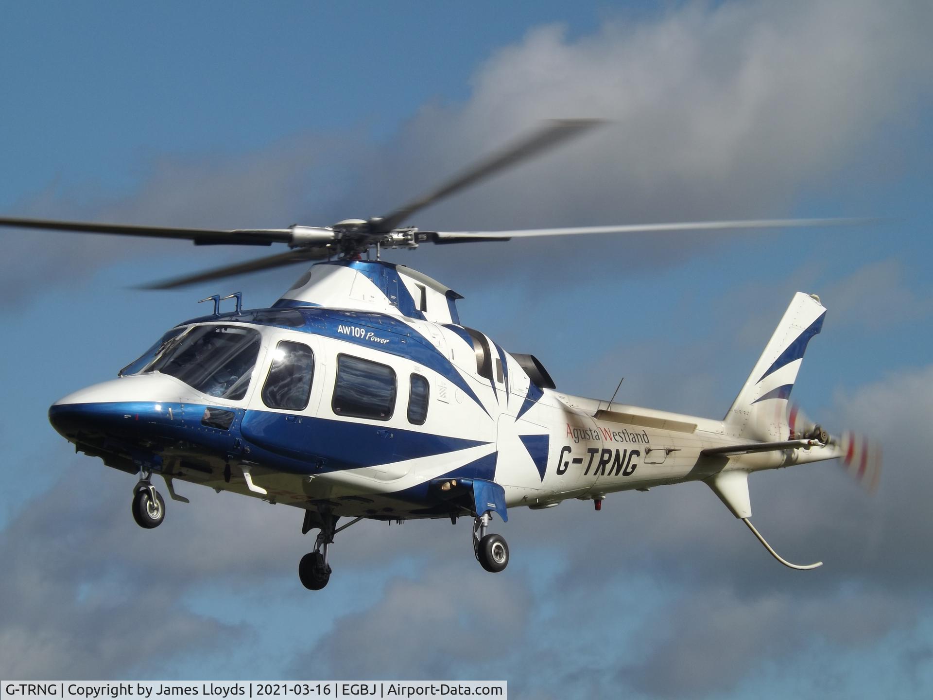 G-TRNG, 2002 Agusta A-109E Power C/N 11156, Arriving at Gloucestershire Airport.