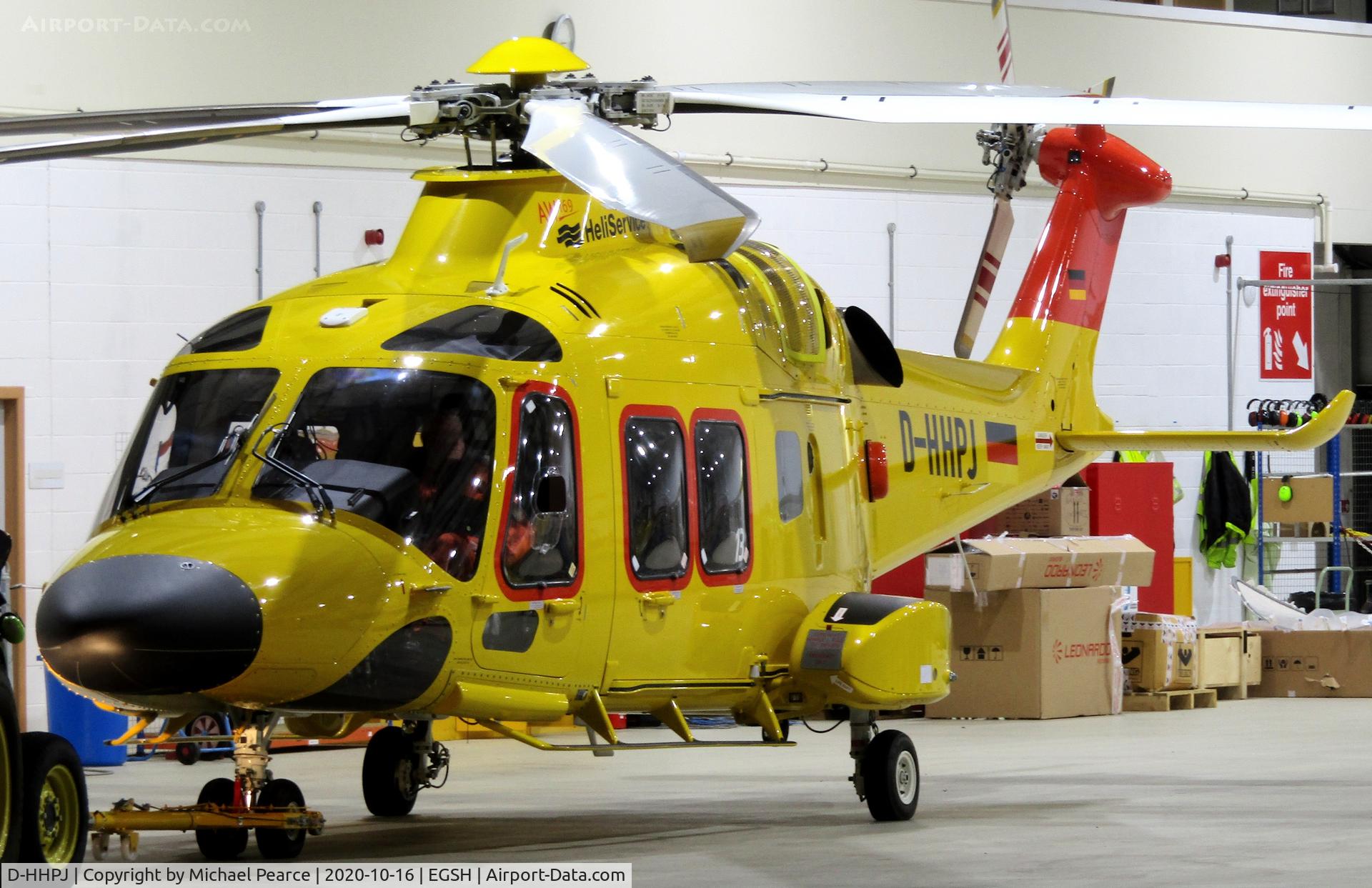 D-HHPJ, 2019 Leonardo AW-169 C/N 69113, Under tow into NHV after arrival from Humberside (HUY). Became G-NHVD.