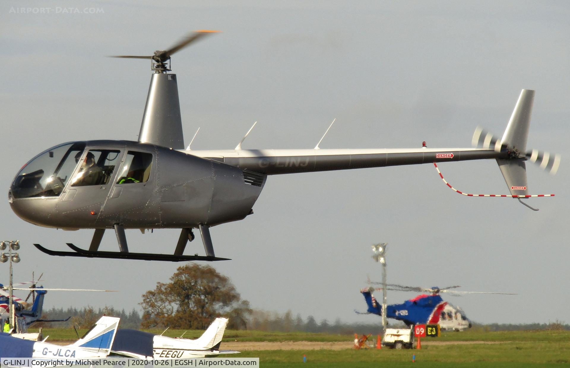 G-LINJ, 2008 Robinson R44 Raven II C/N 12168, Arriving at SaxonAir from Leicester (LRC) for refuel.