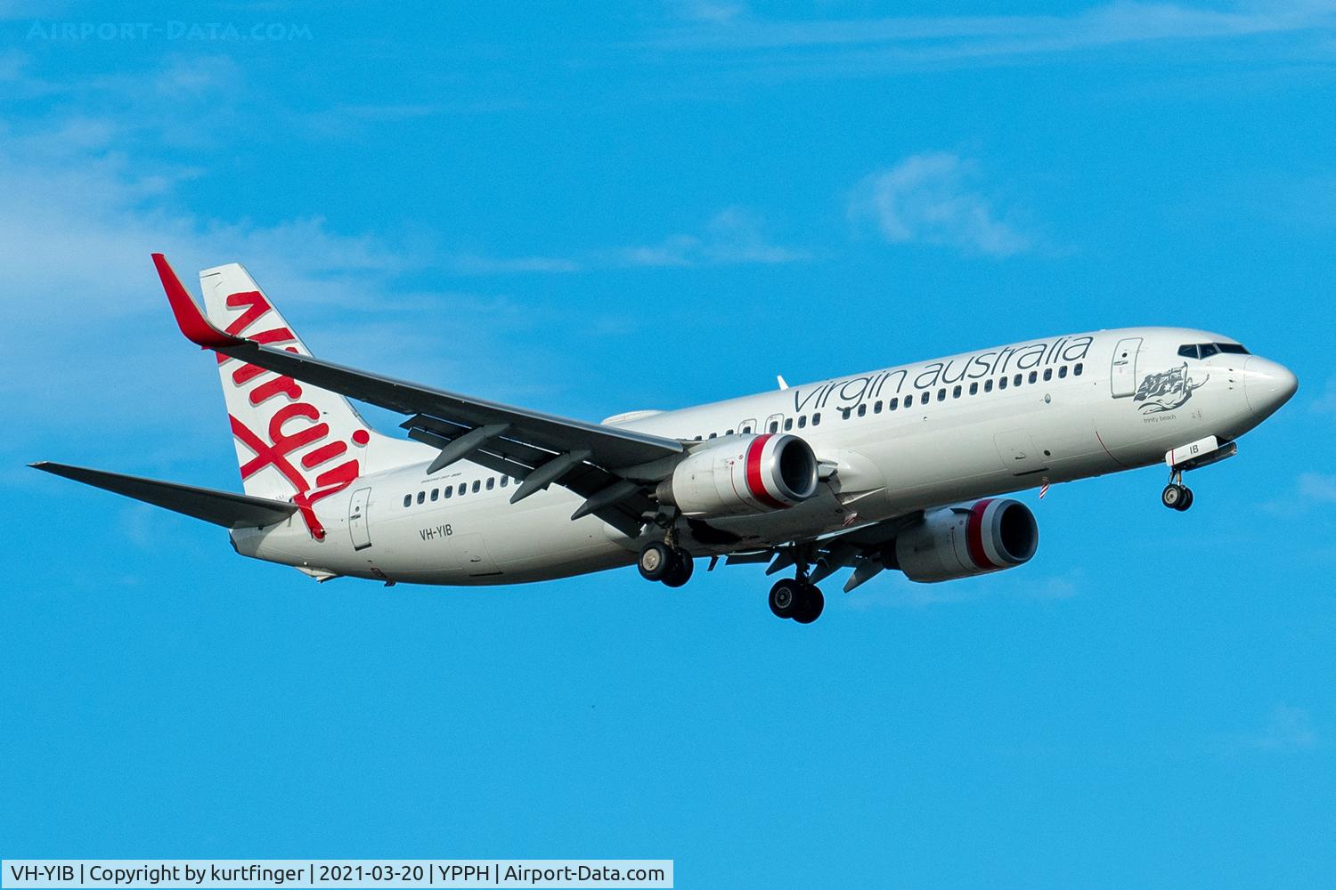 VH-YIB, 2011 Boeing 737-8FE C/N 37825, Boeing 737-800 cn 37825  Ln 3758.  Virgin VH-YIB name Trinity Beach final runway 21 YPPH 20 March 2021