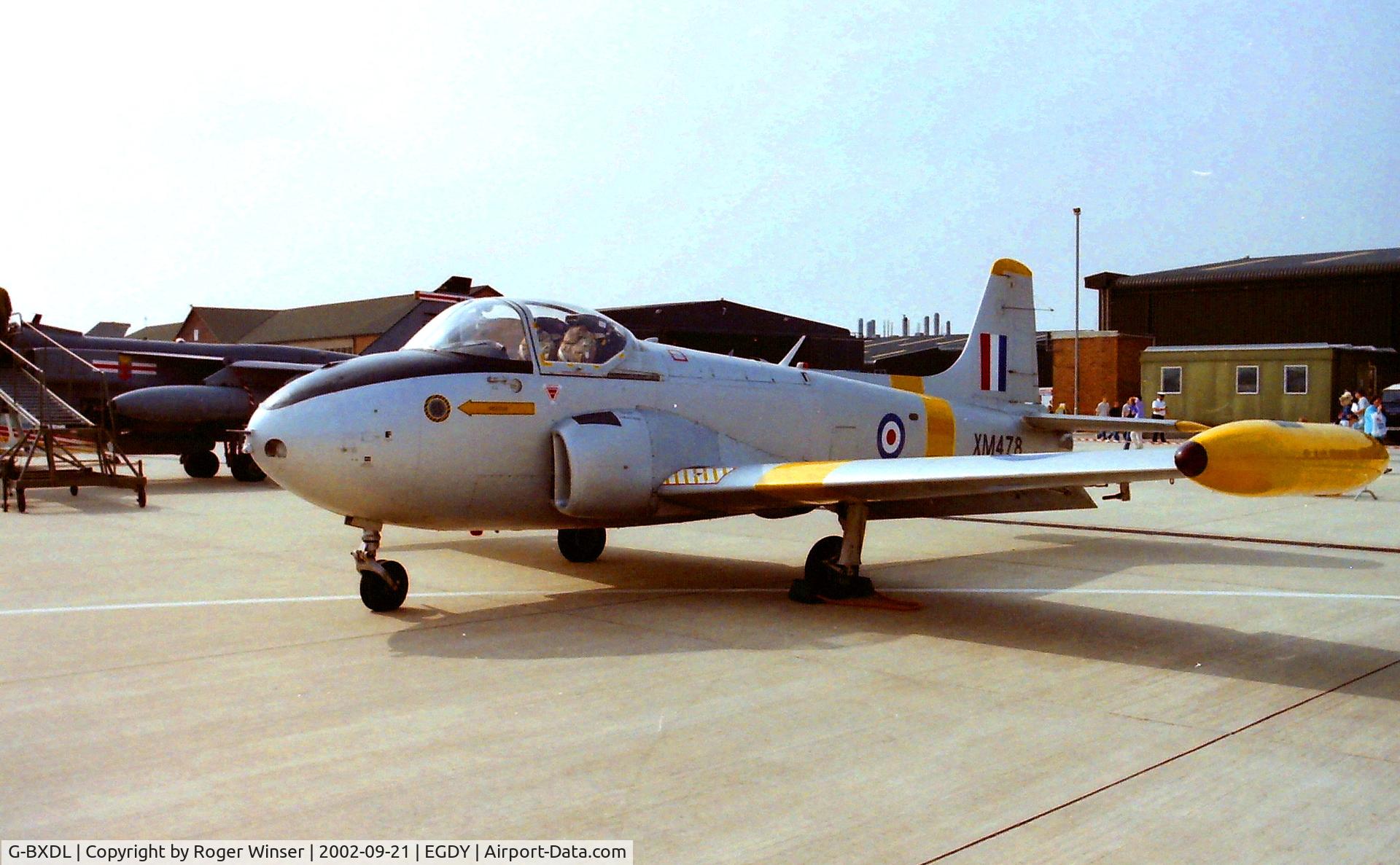 G-BXDL, 1960 Hunting P-84 Jet Provost T.3A C/N PAC/W/9286, On display at RNAS Yeovilton on 21st September 2002. XM478 in RAF service.