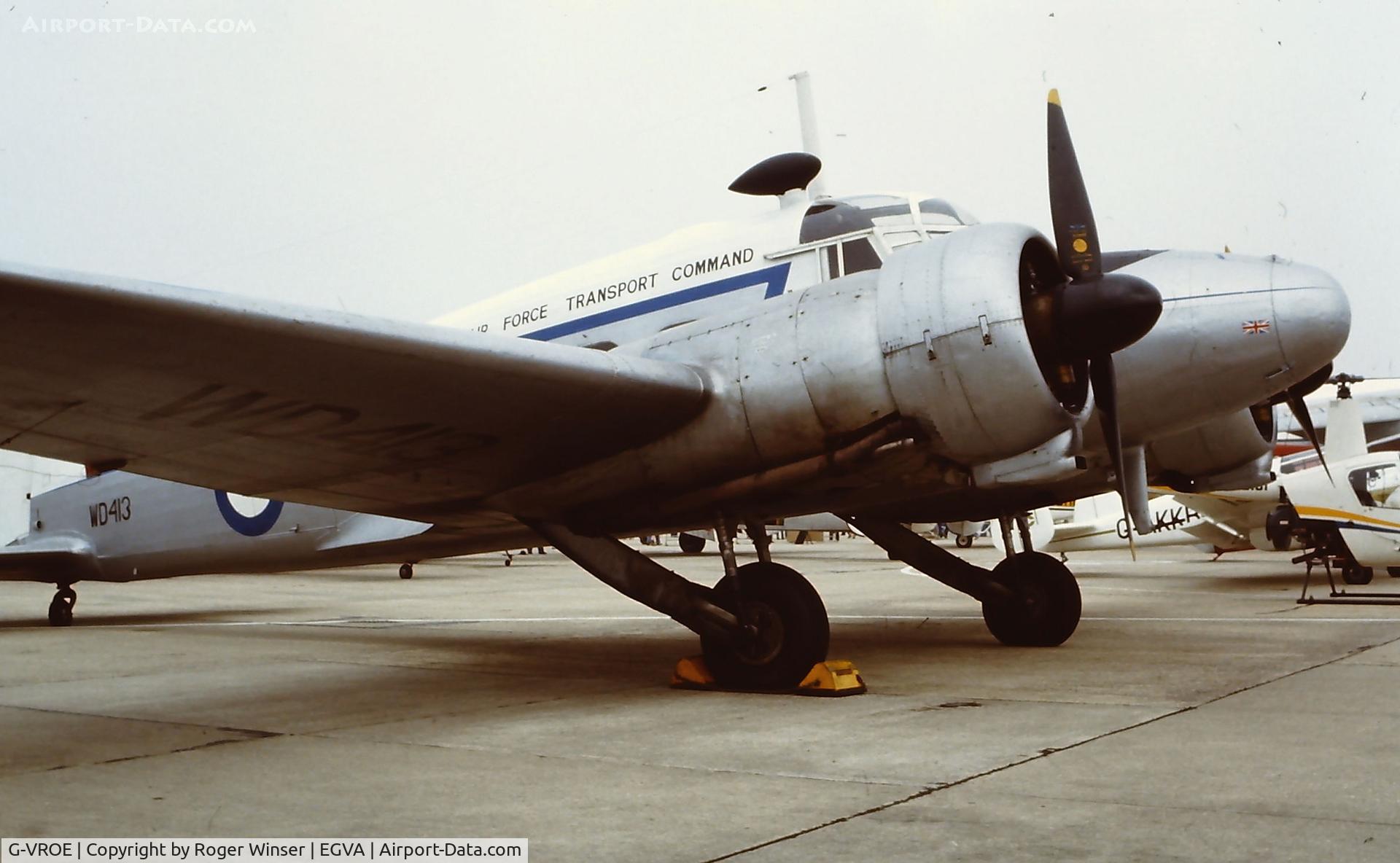 G-VROE, 1950 Avro 652A Anson T.21 C/N 3634, Avro Anson in RAF Transport Command colour scheme and markings of aircraft WD413. During a RIAT event at RAF Fairford circa 1981.