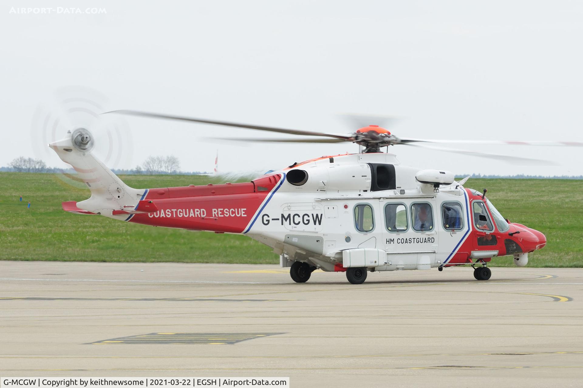 G-MCGW, 2018 Leonardo AW189 C/N 92009, Leaving Norwich following fuel stop.